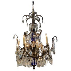 Antique Early 20th Century Baltic Chandelier with Bronze Crystal and Cobalt Blue Glass