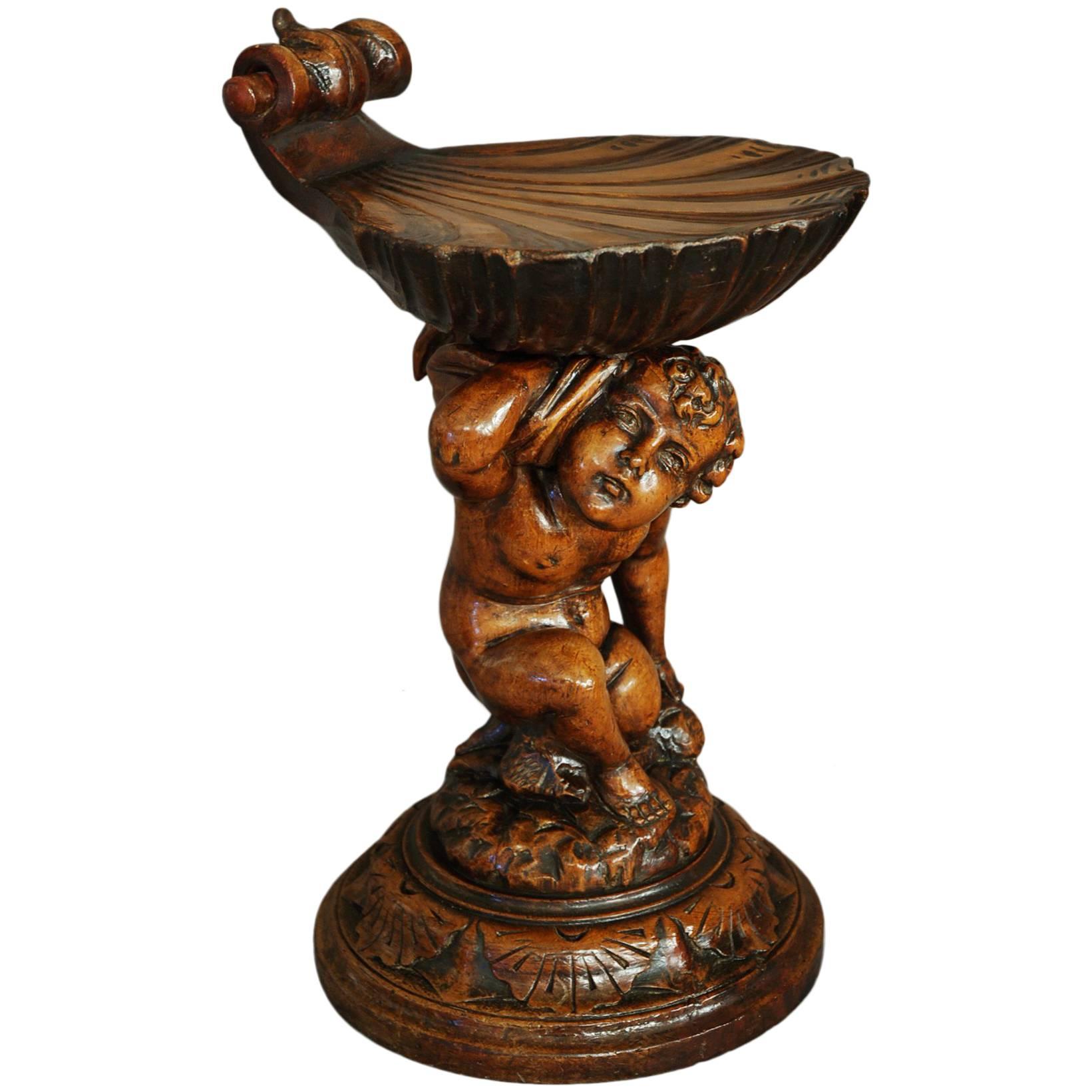 Venetian Late 19th Century Pine Putto and Shell Grotto Stool For Sale