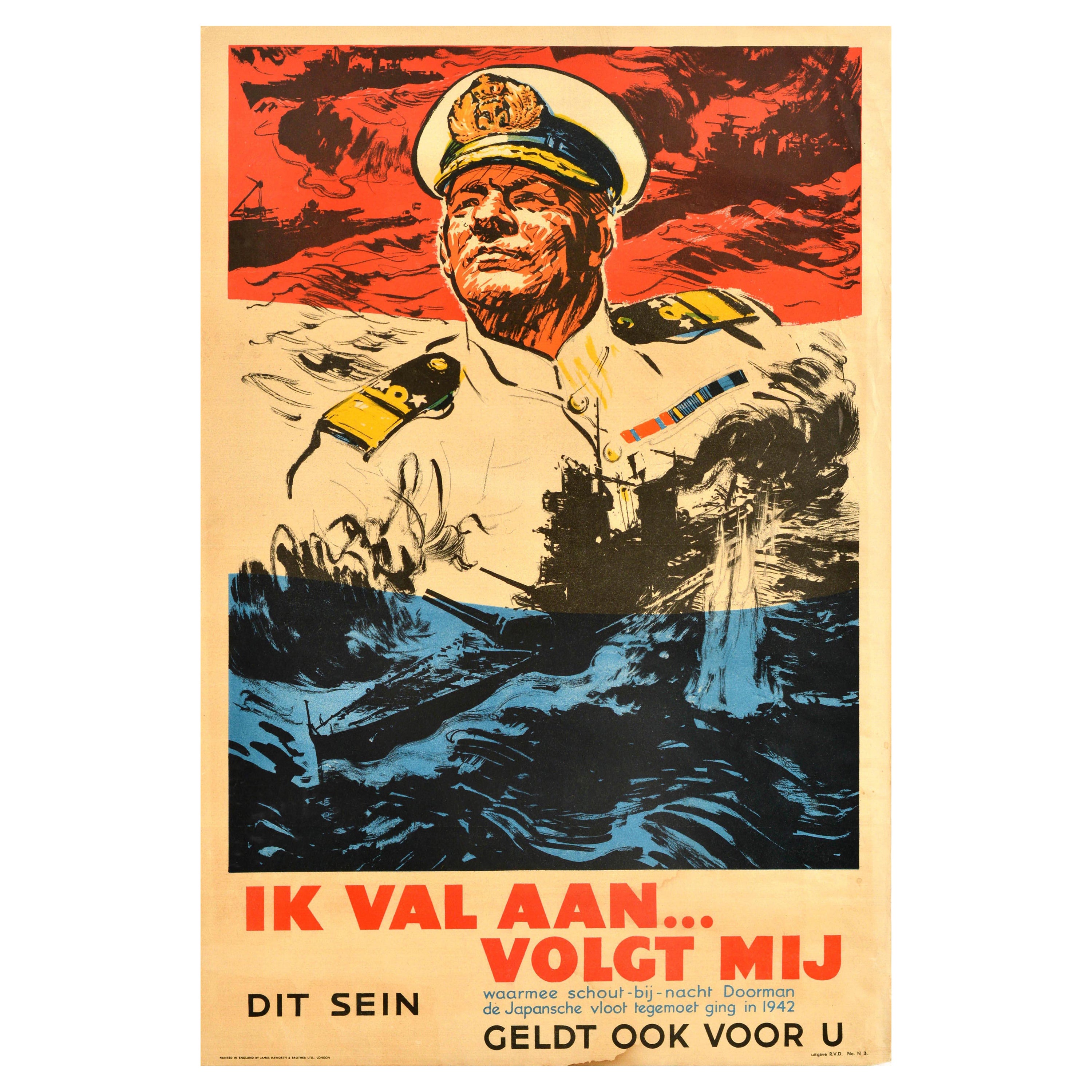 Poster di guerra originale d'epoca per il reclutamento della Marina Militare in Olanda durante la seconda guerra mondiale nelle Indie Orientali Olandesi