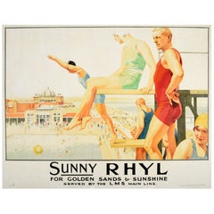 Original Vintage Train Travel Poster Sunny Rhyl London Midland Scottish Railway