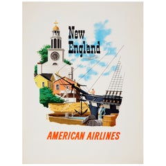 Poster da viaggio originale d'epoca New England American Airlines Midcentury Design