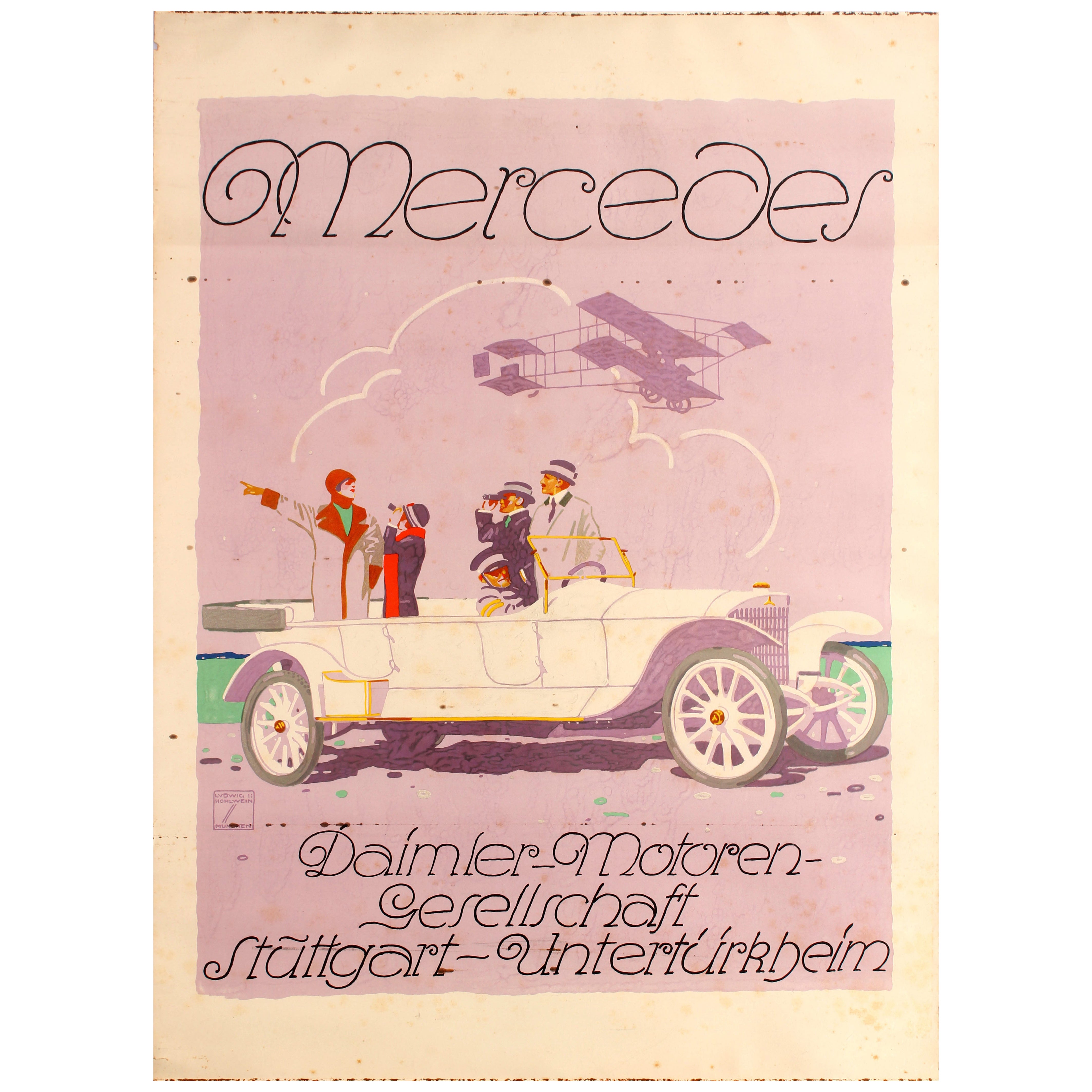 Cartel publicitario original antiguo Mercedes Daimler Motor Car Ludwig Hohlwein