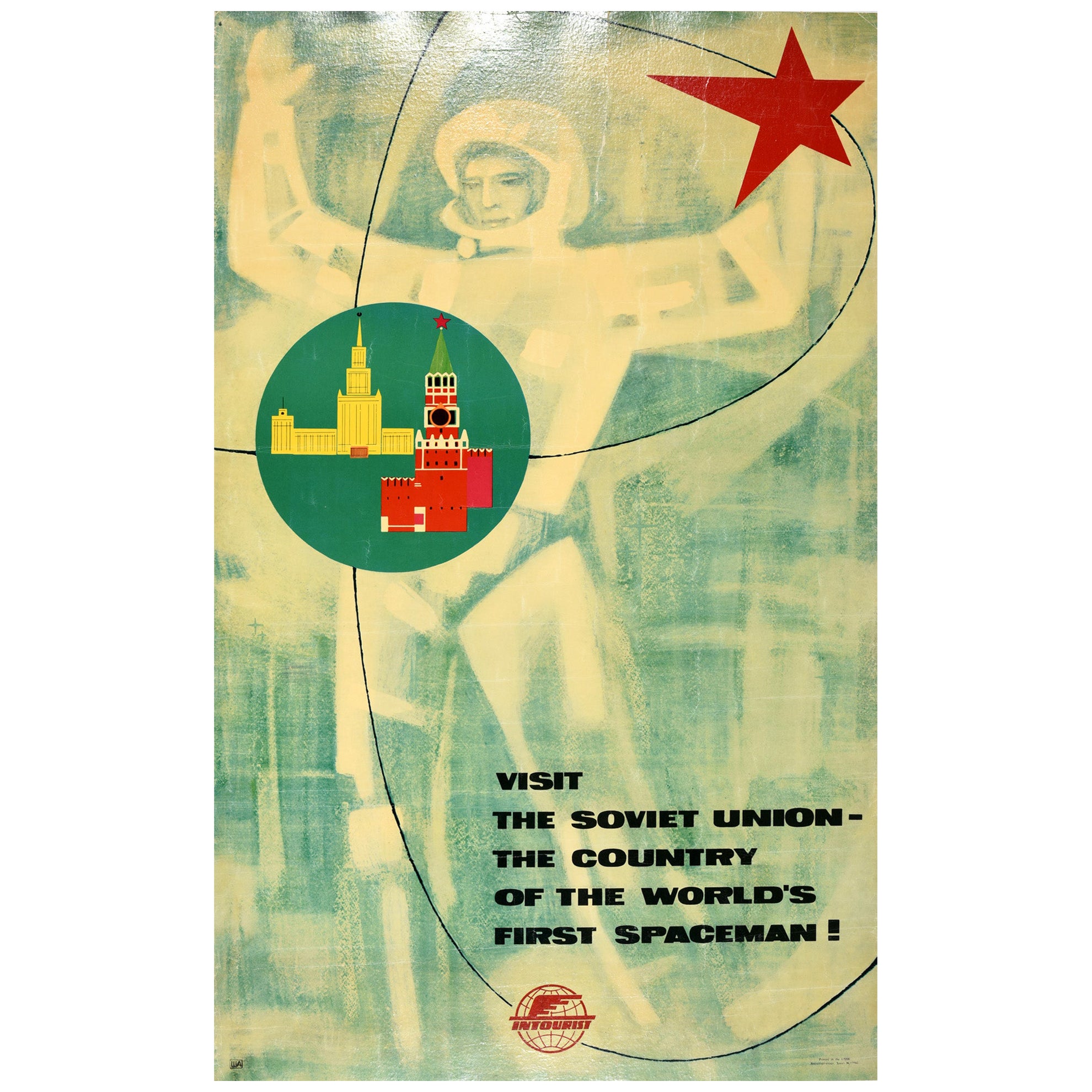Original-Vintage-Reiseplakat der Sowjetischen Union, Reiseplakat „Intourist Spaceman“, UdSSR Kremlin
