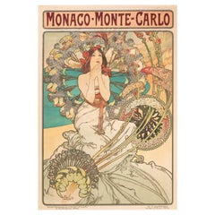 Affiche de voyage ancienne d'origine Monaco Monte Carlo Alphonse Mucha Art Nouveau