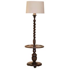 Early 20th Century French Carved Barley Twist Floor Lamp with Attached Table