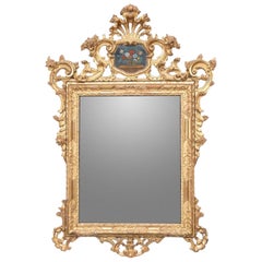 Exceptional Massive Antique Carved, Gessoed And Gilt Mirror With Painted Panel