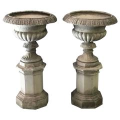 Antique Pair of Large English Garden Stone Urns on Plinths, Priced Individually