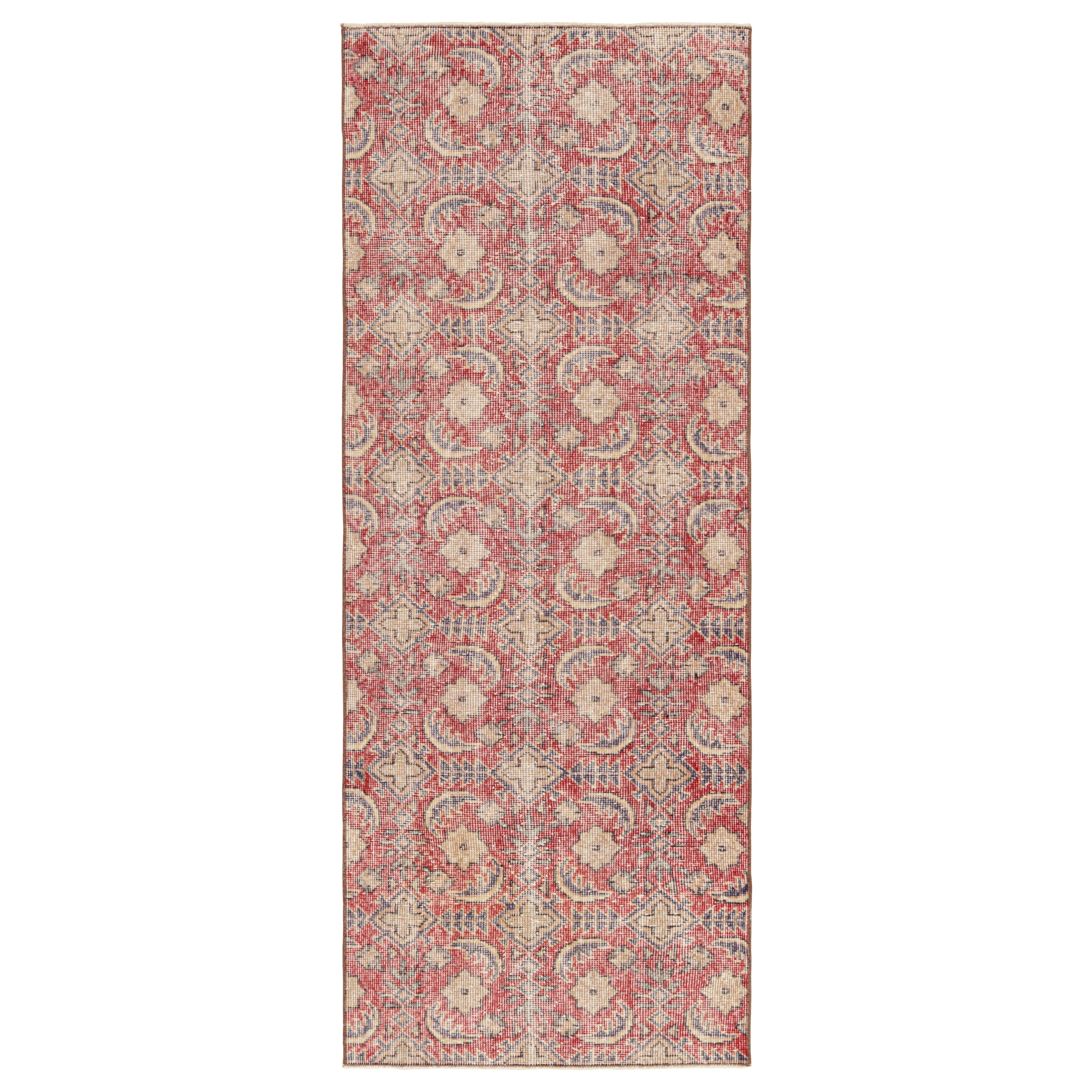 Vintage Zeki Müren Runner in Red, with Beige & Blue Patterns, from Rug & Kilim