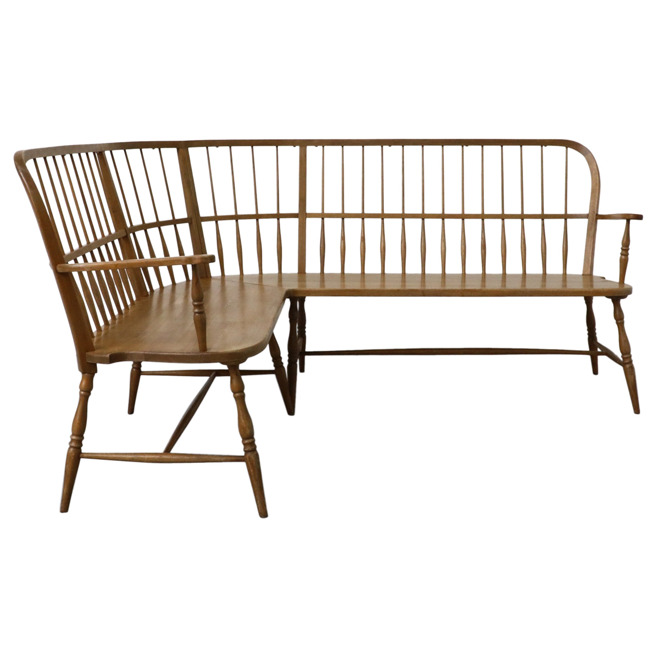 Mid-Century Curved Oak Greaves and Thomas Inspired Windsor Corner Bench