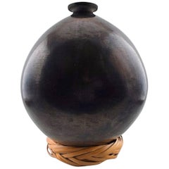 Large Patinated Metal Floor Vase, Base in Plain Weave