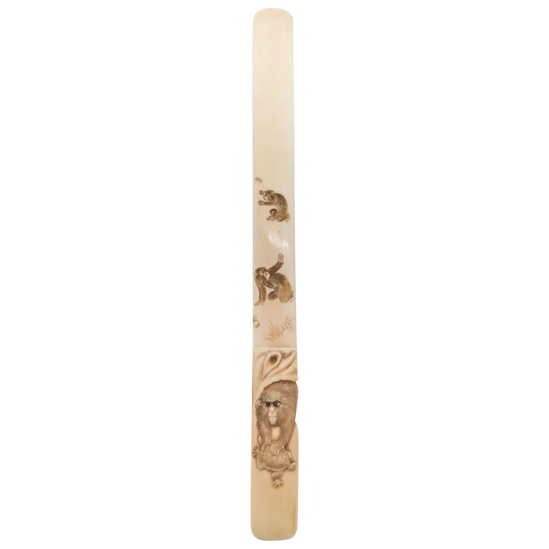 JAPAN 1900 Meiji Carved Letter Opener With Sculpted Monkeys