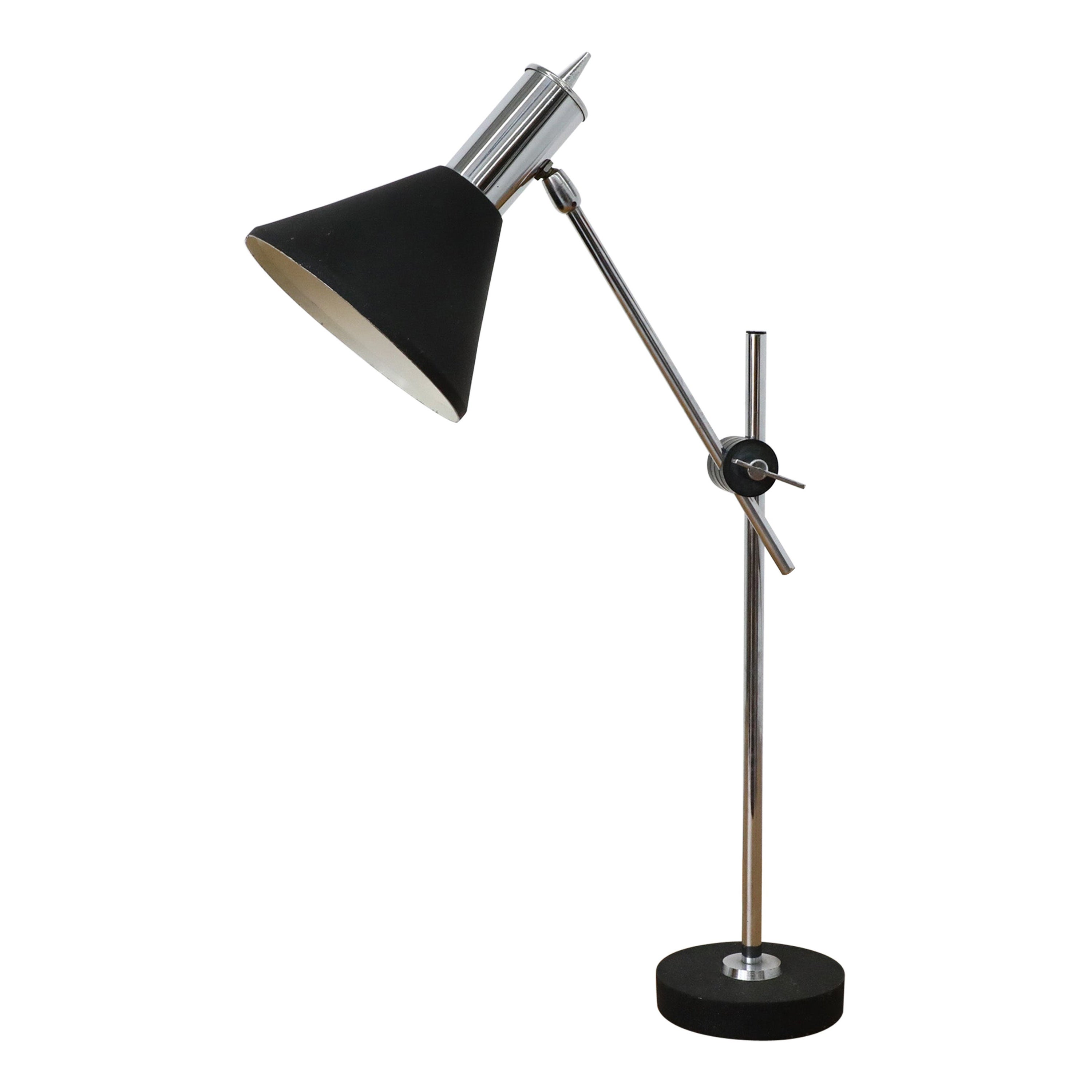 Mid-Century Black Enameled Metal and Chrome Herda Drafting Table Lamp