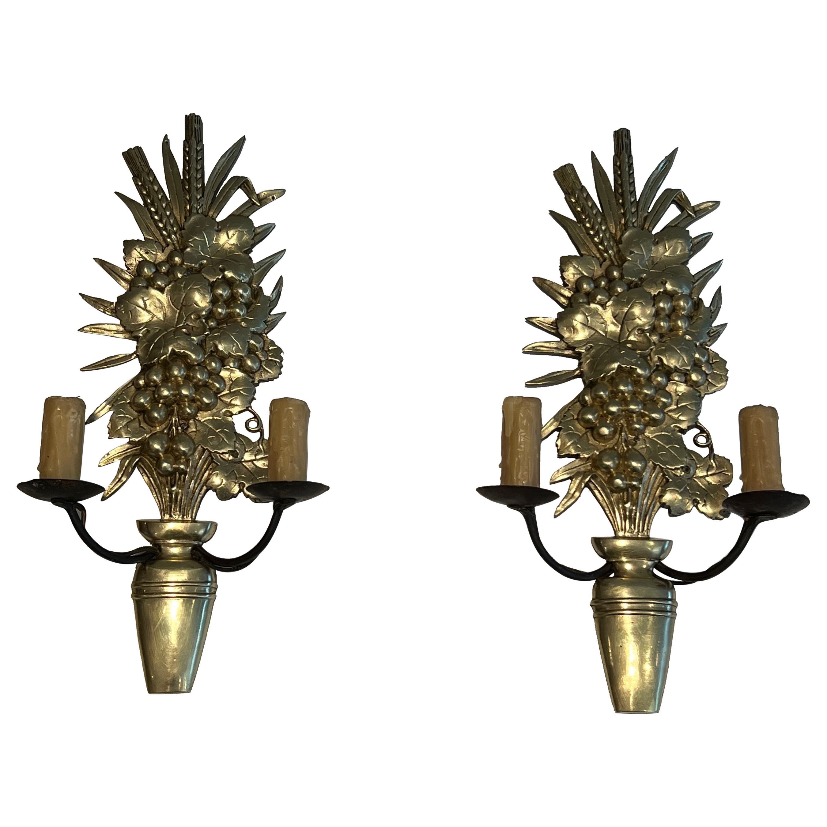 Pair of Bronze and Wrought Iron Wall Lights Representing a fruit Bowl