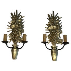 Pair of Bronze and Wrought Iron Wall Lights Representing a fruit Bowl