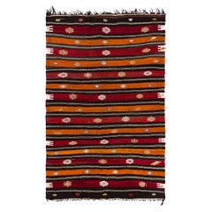 6.3x9.8 Ft Handmade Banded Turkish Wool Kilim Rug in Rot, Schwarz, Orange & Weiß