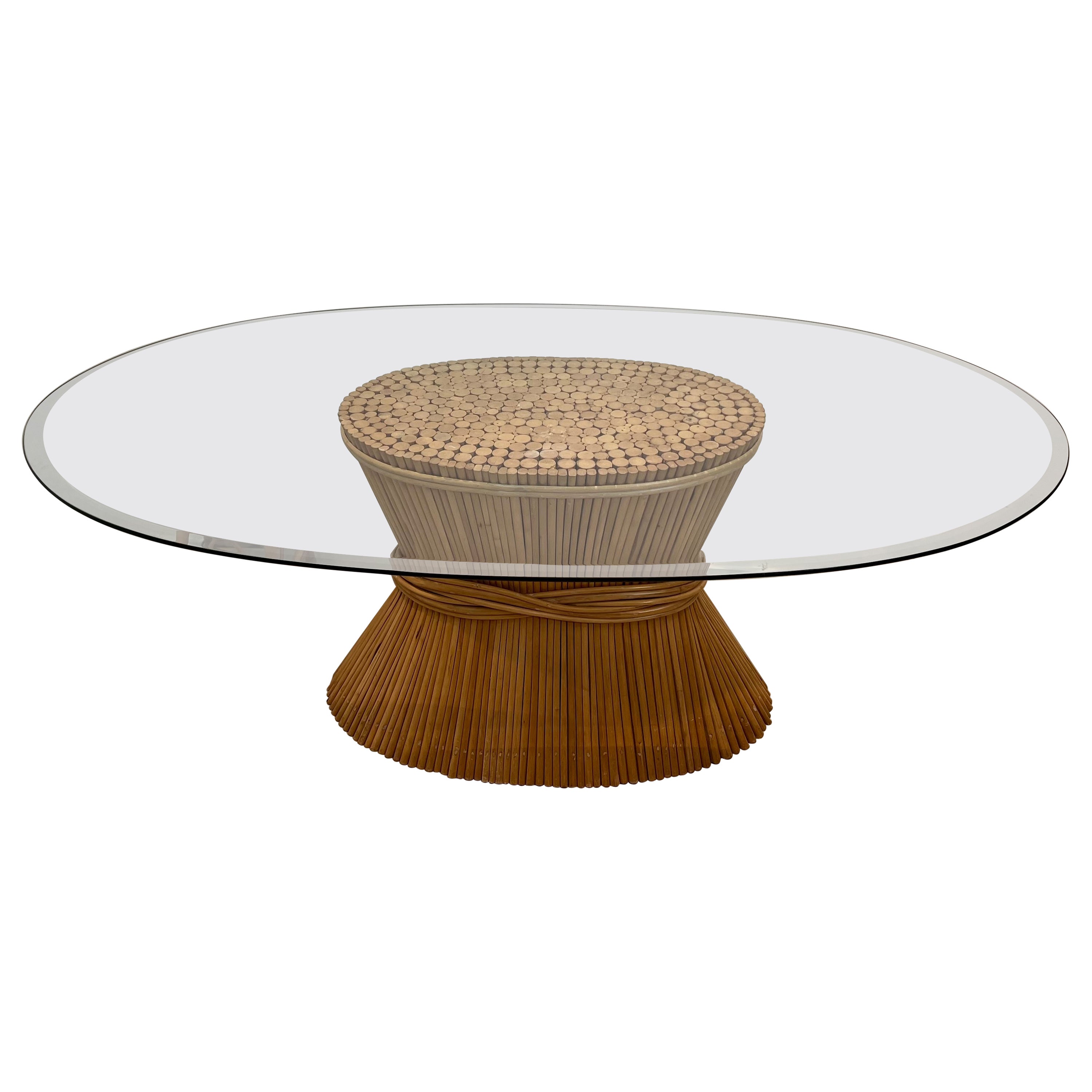 Large Wheat Sheaf Dinning Table with an Oval Beveled Glass Top on a Bamboo Base For Sale
