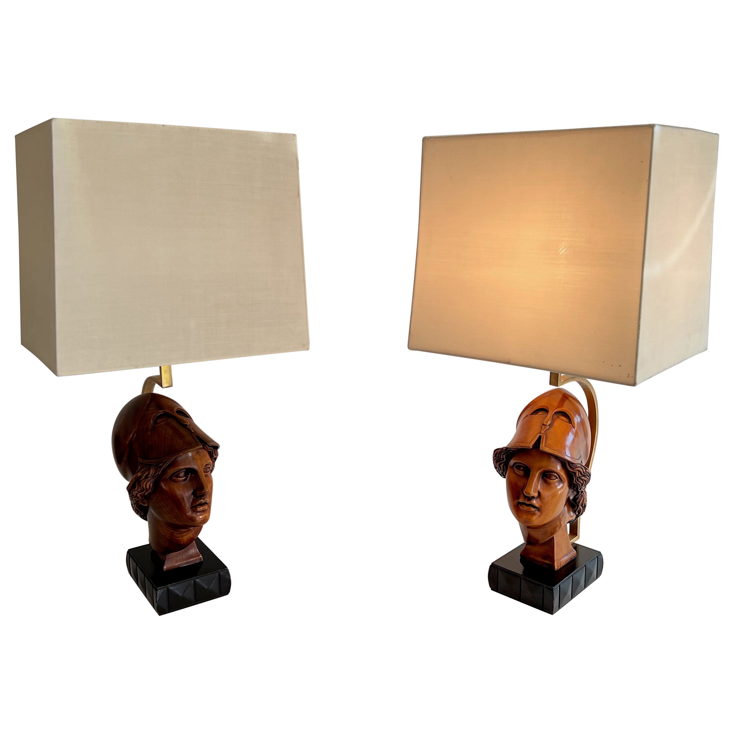 Pair of Walnut Table Lamps representing Faces of Helmeted Soldiers For Sale