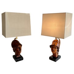Pair of Walnut Table Lamps representing Faces of Helmeted Soldiers