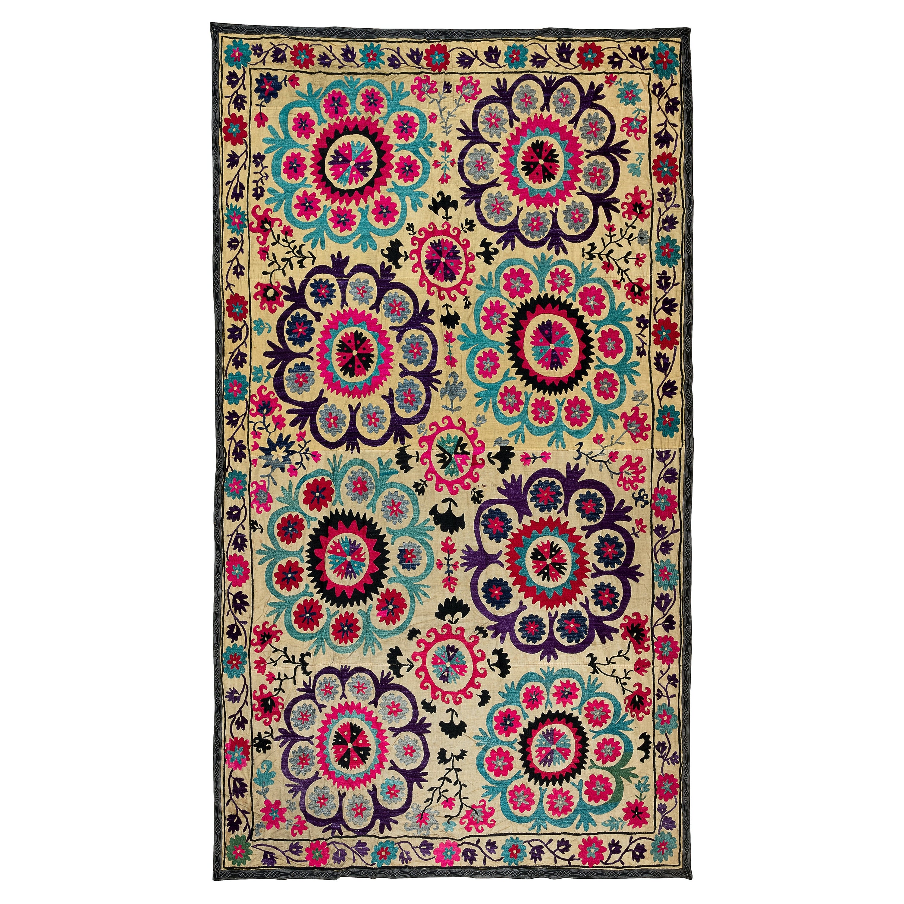 6x9.6 Ft Silk Embroidery Throw. Floral 1970s Suzani Tapestry. Uzbek Wall Hanging