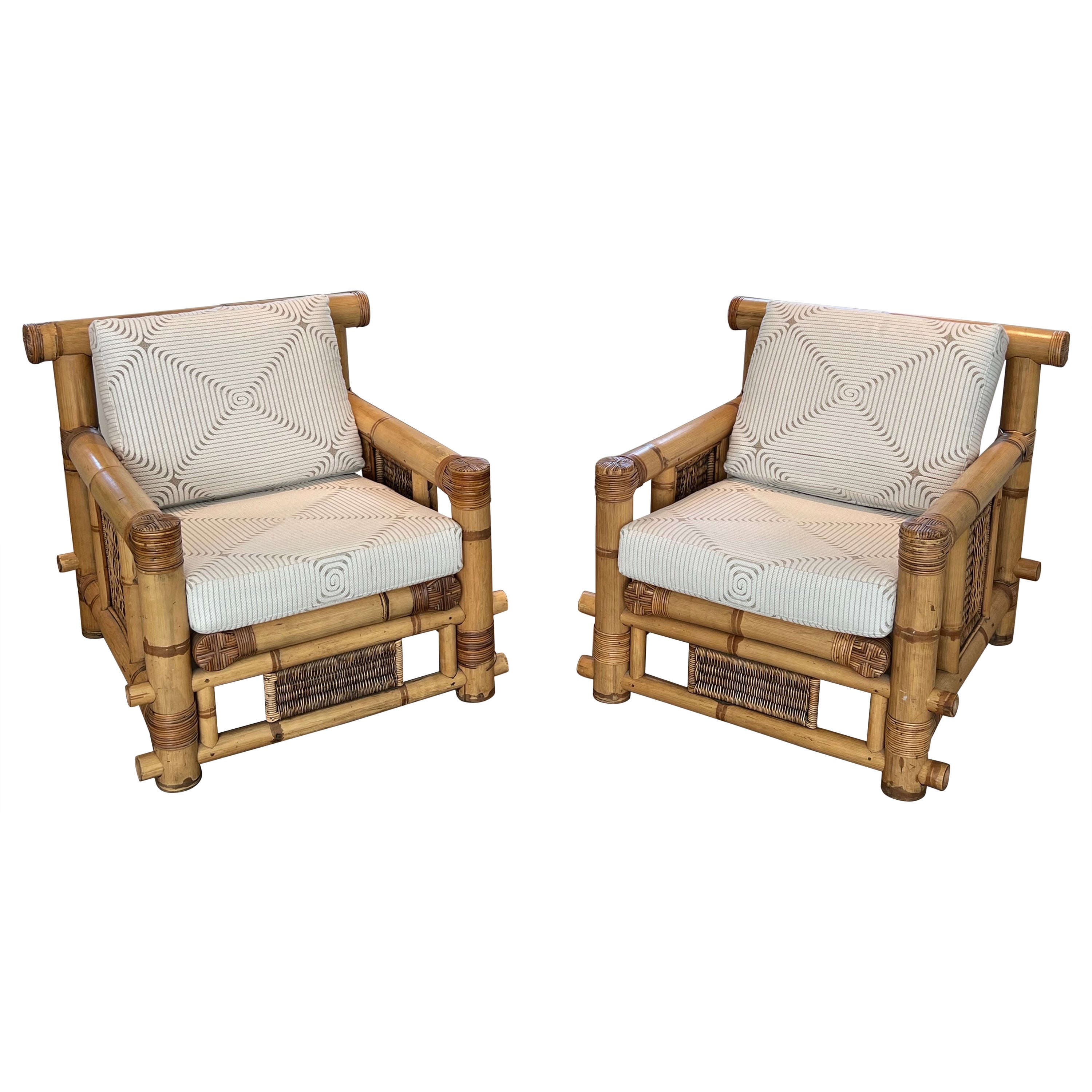 Pair of Large Bamboo Armchairs with Pierre Frey Cushions