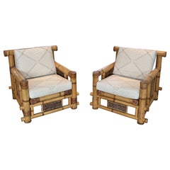 Pair of Large Bamboo Armchairs with Pierre Frey Cushions