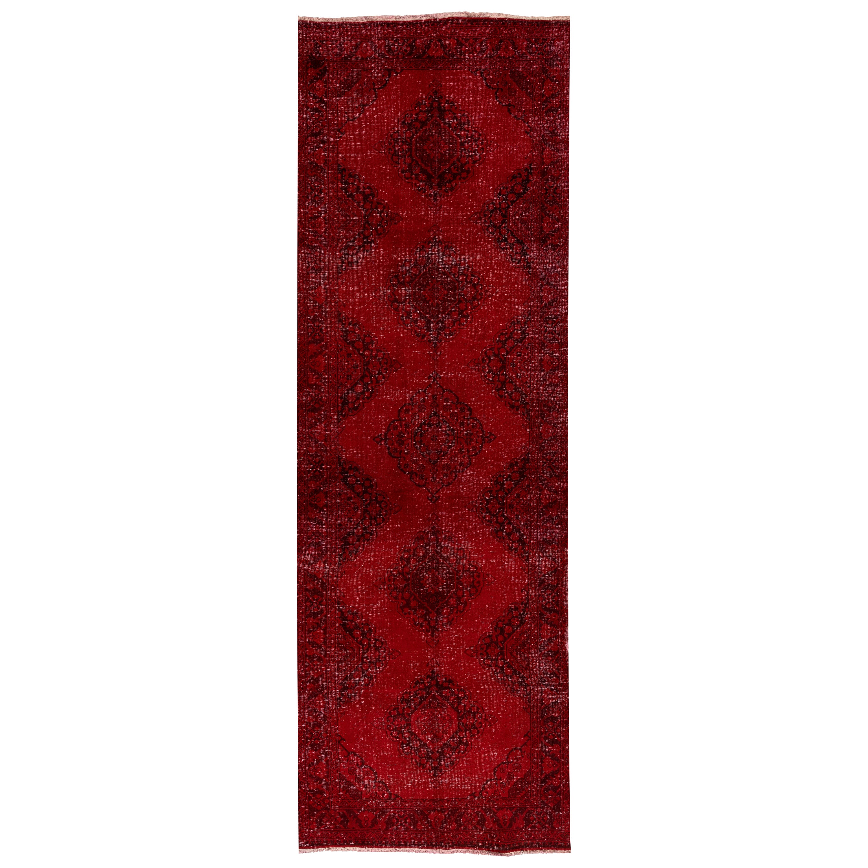 4.3x13.5 Ft Handmade Turkish Runner Rug. Modern Burgundy Red Corridor Carpet