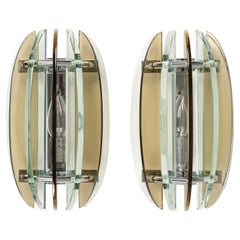 Midcentury Pair of Wall Sconces in Colored Glass & Chrome by Veca, Italy, 1970s