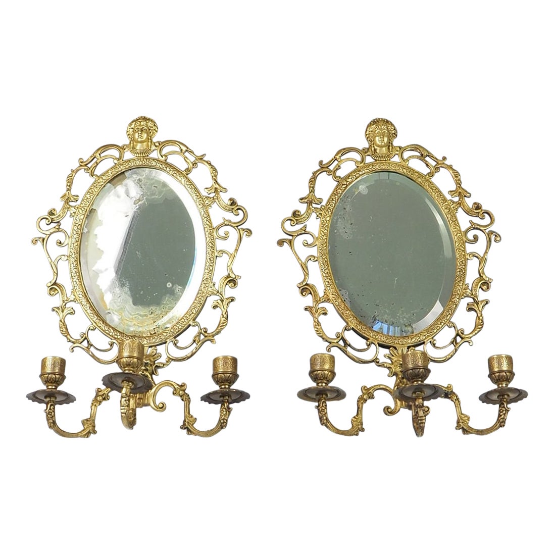Antique Pair of Brass Wall Sconce Mirrors