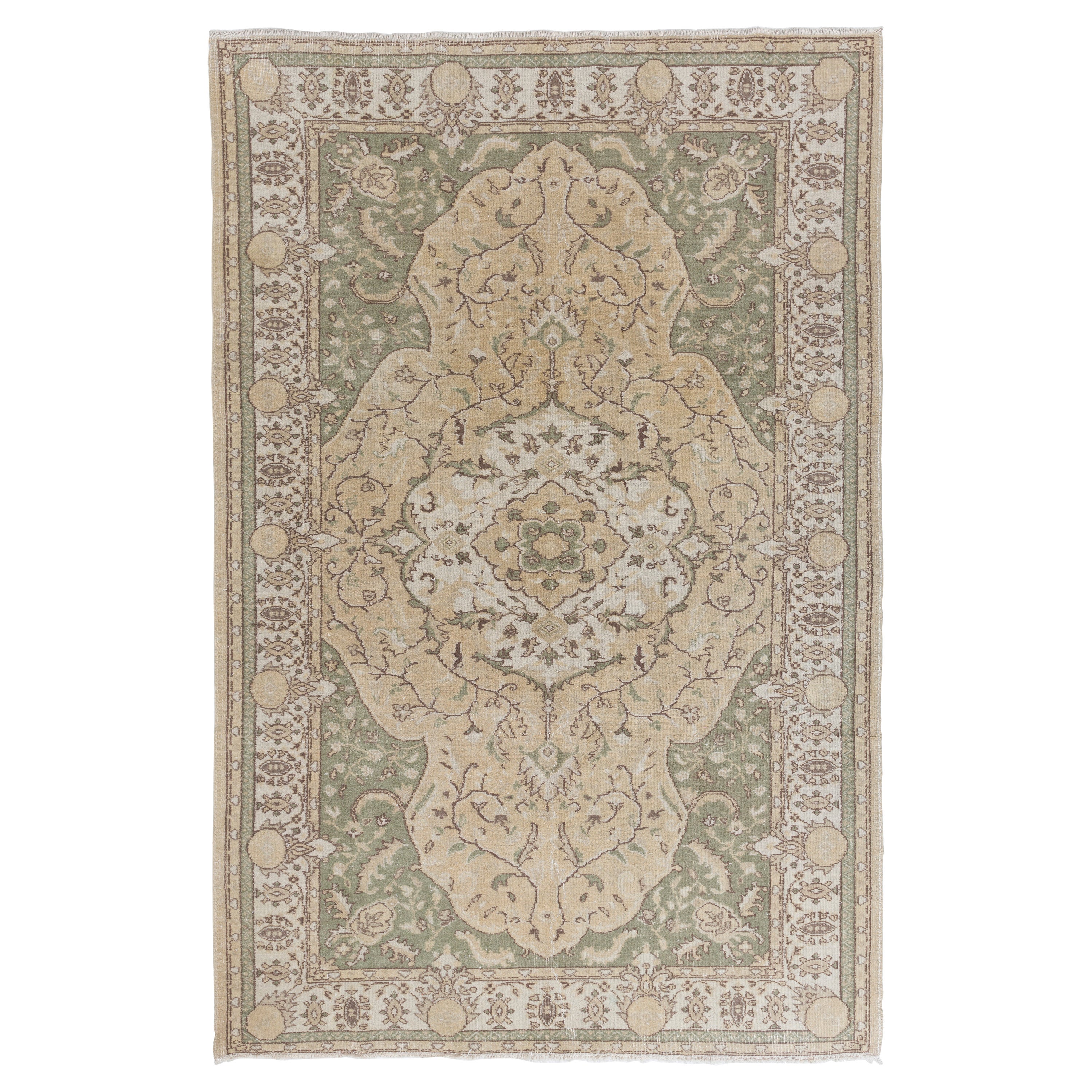 6.4x10 Ft Vintage Handmade Turkish Oushak Area Rug in Beige & Green