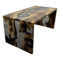 Epoxy Resin Waterfall Dining Table - Resin River Wood Table - Olive Desk