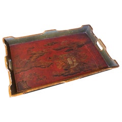 1980s Hand Painted Chinoiserie Style Wooden Tray