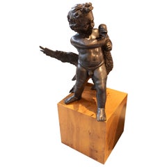 1970s Bronze Sculpture of Child with French Duck & Simple Wooden Base