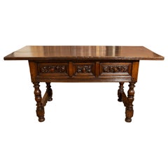 17th Spanish Walnut Table with Hand Carved Drawers & Turned Legs