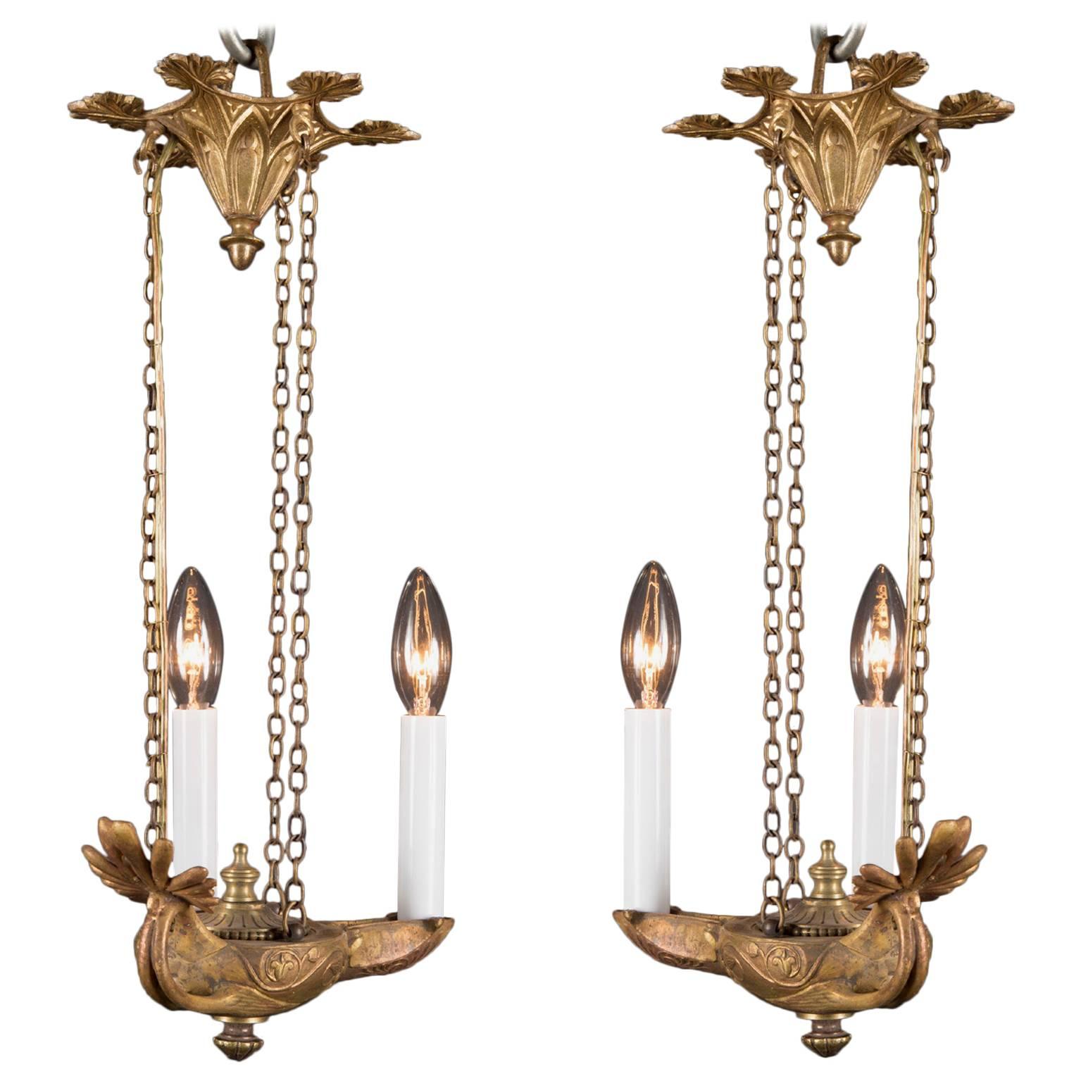 Pair of Wired Empire Hanging Oil Lamps, French 19th Century For Sale