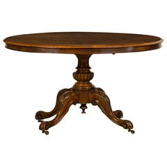 Gorgeous Burl Walnut English Oval Tilt Top Table, Original Casters, circa 1865