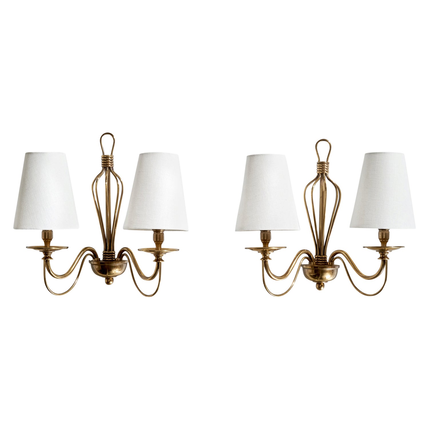 Französischer Designer, Wall Lights, Messing, Stoff, Frankreich, 1950er Jahre