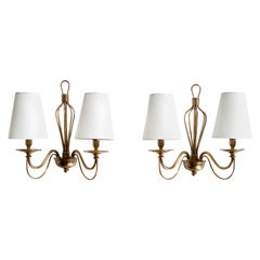 Französischer Designer, Wall Lights, Messing, Stoff, Frankreich, 1950er Jahre