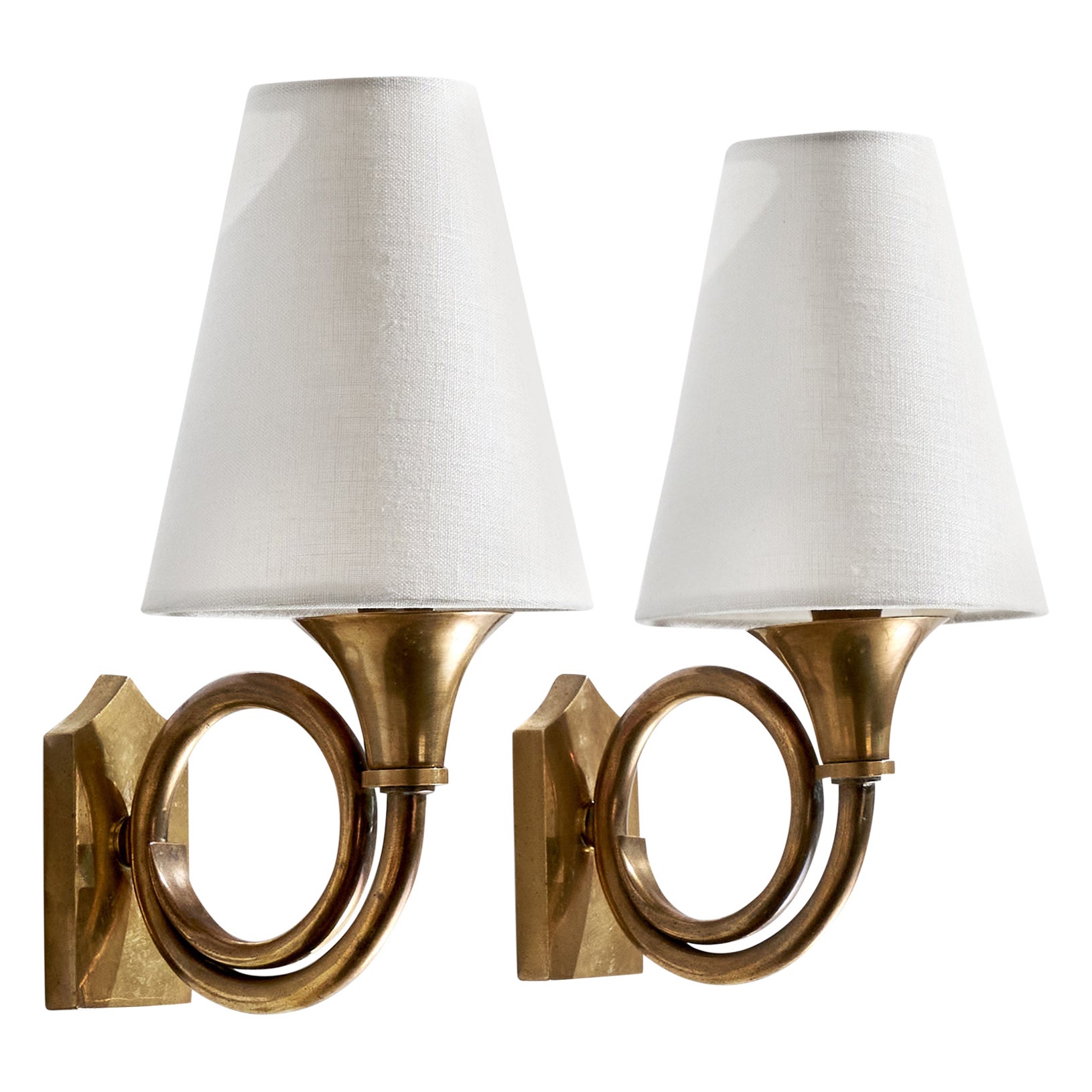 French Designer, Wall Lights, Brass, Fabric, France, 1950s