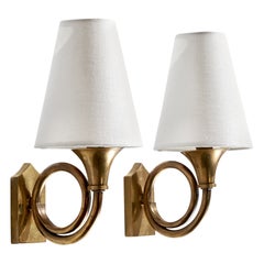 French Designer, Wall Lights, Brass, Fabric, France, 1950s