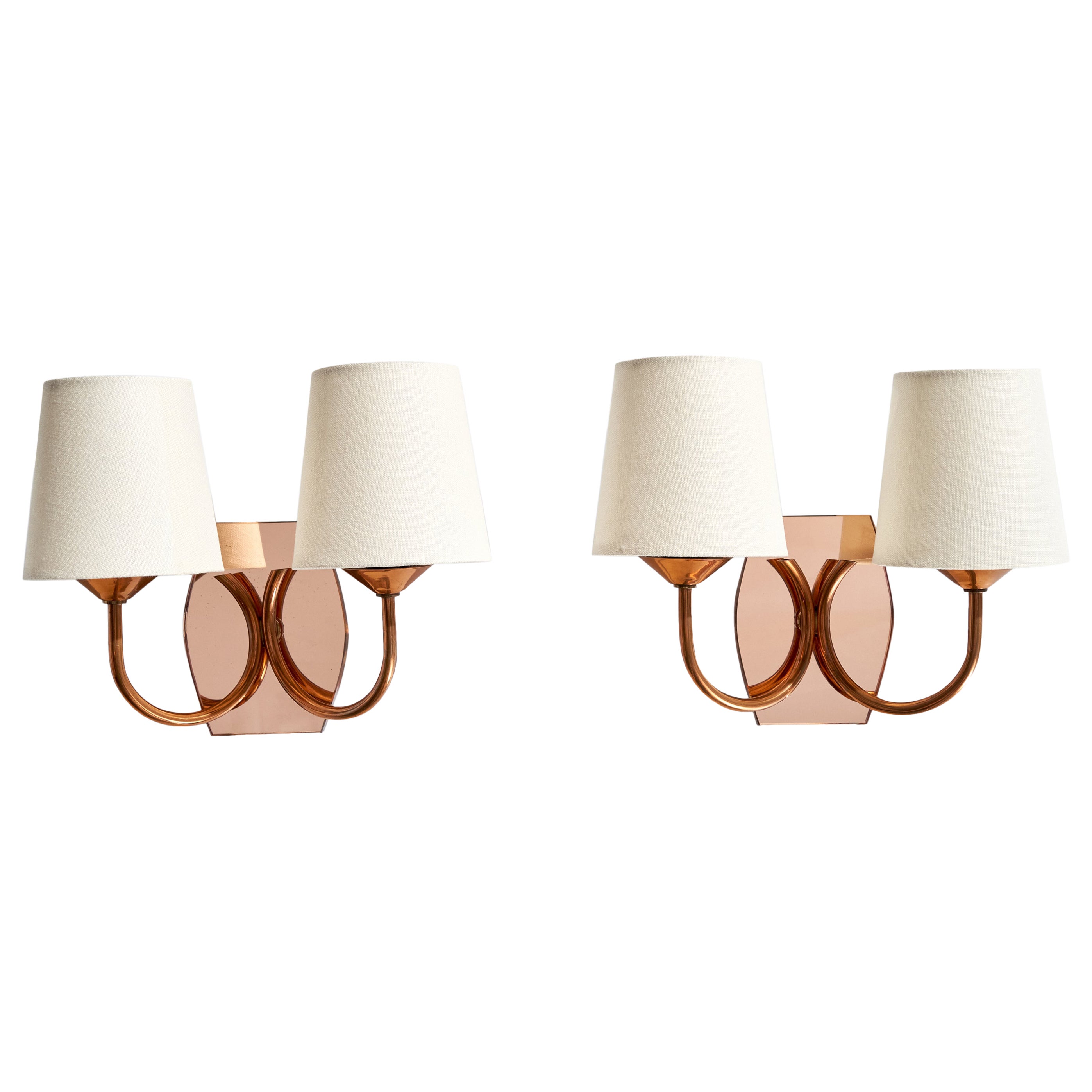French Designer, Wall Lights, Copper, Mirror, Fabric, France, 1950s For Sale