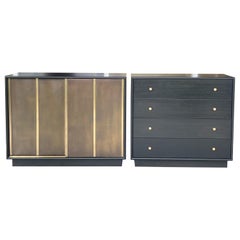 Harvey Probber Pair of Ebonized and Etched Brass Doors Cabinets Credenza