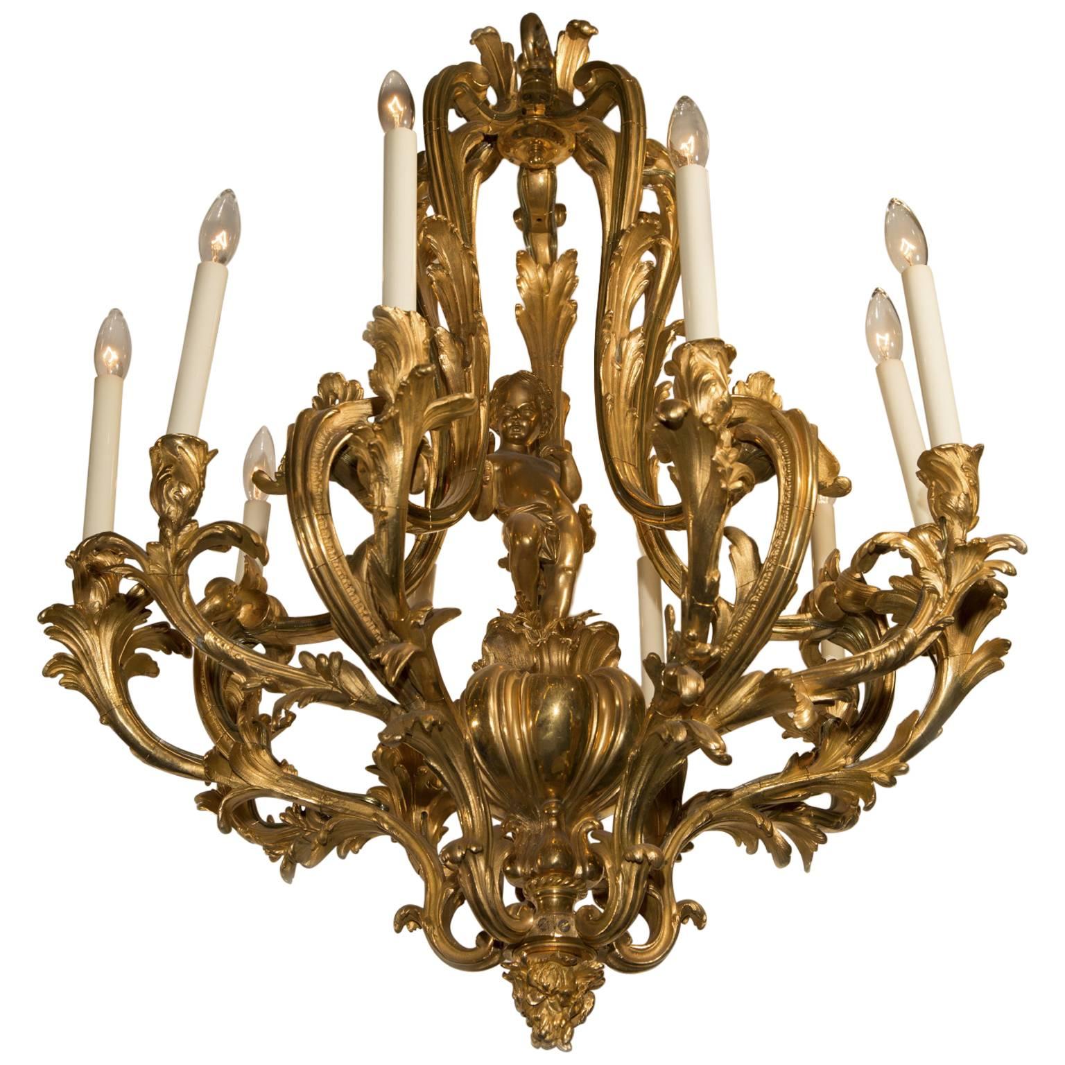 Lustre Napoléon III en bronze d'Ore avec chérubin et feuilles d'acanthe