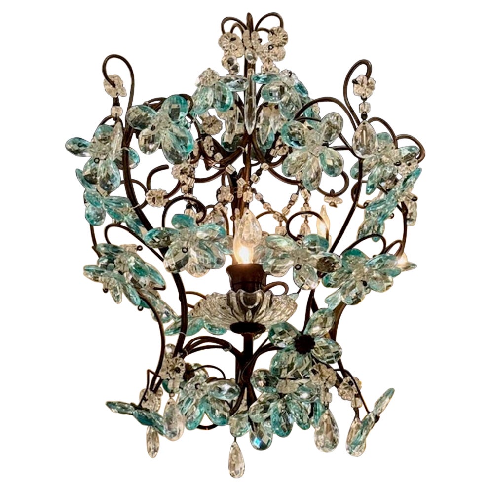 Antique French Tole and Blue Crystal Flower Pendant For Sale