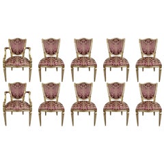 Chaises de salle à manger de style Louis XVI dorées et à motif damas prune 10 pièces