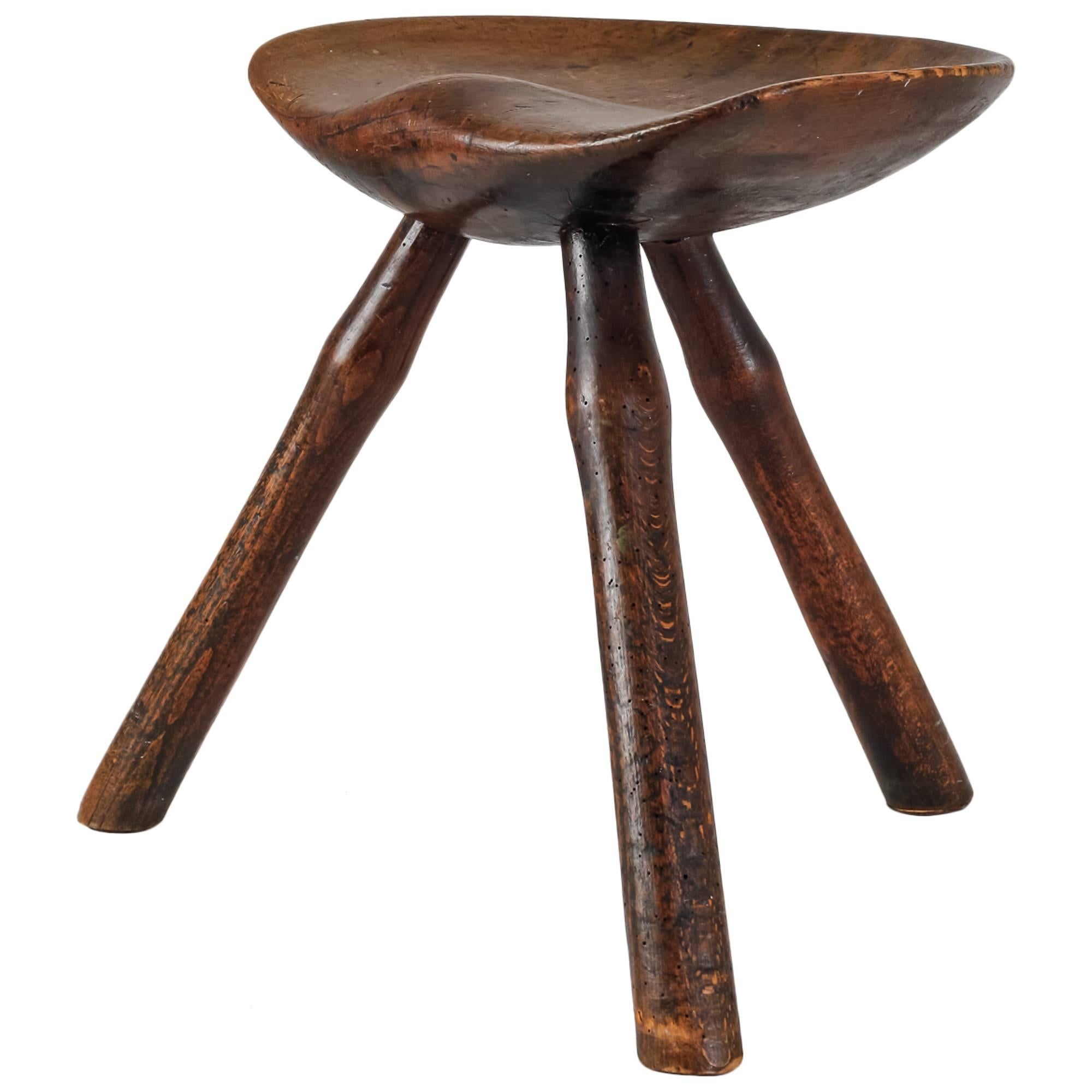 Folk Art Tripod Oak Shoemaker Stool, Denmark, 19th Century For Sale