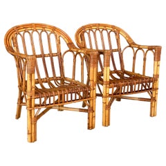 Mid-20th Century Organic Modern Refinished Rattan Side Armchairs Pair