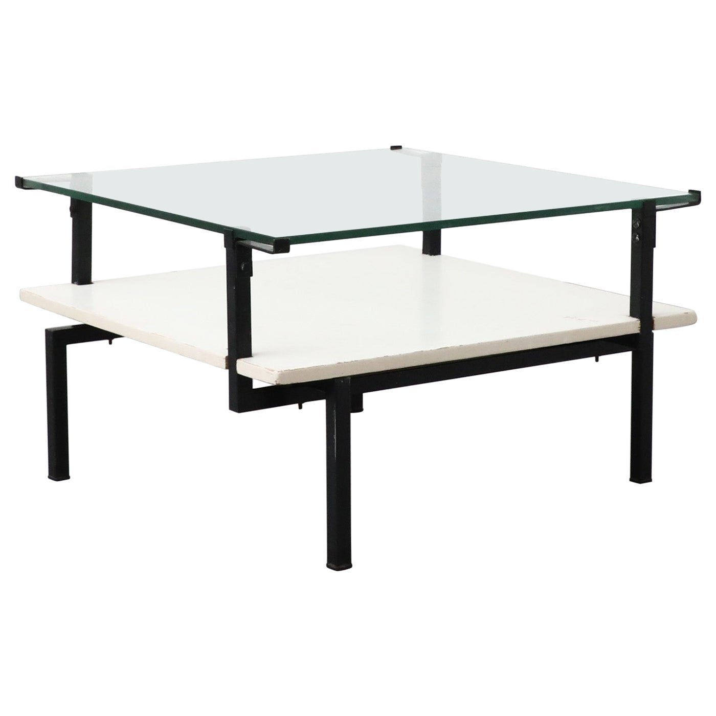 Bauhaus Coffee Table with Asymmetric Frame, Lower Shelf and Glass Top