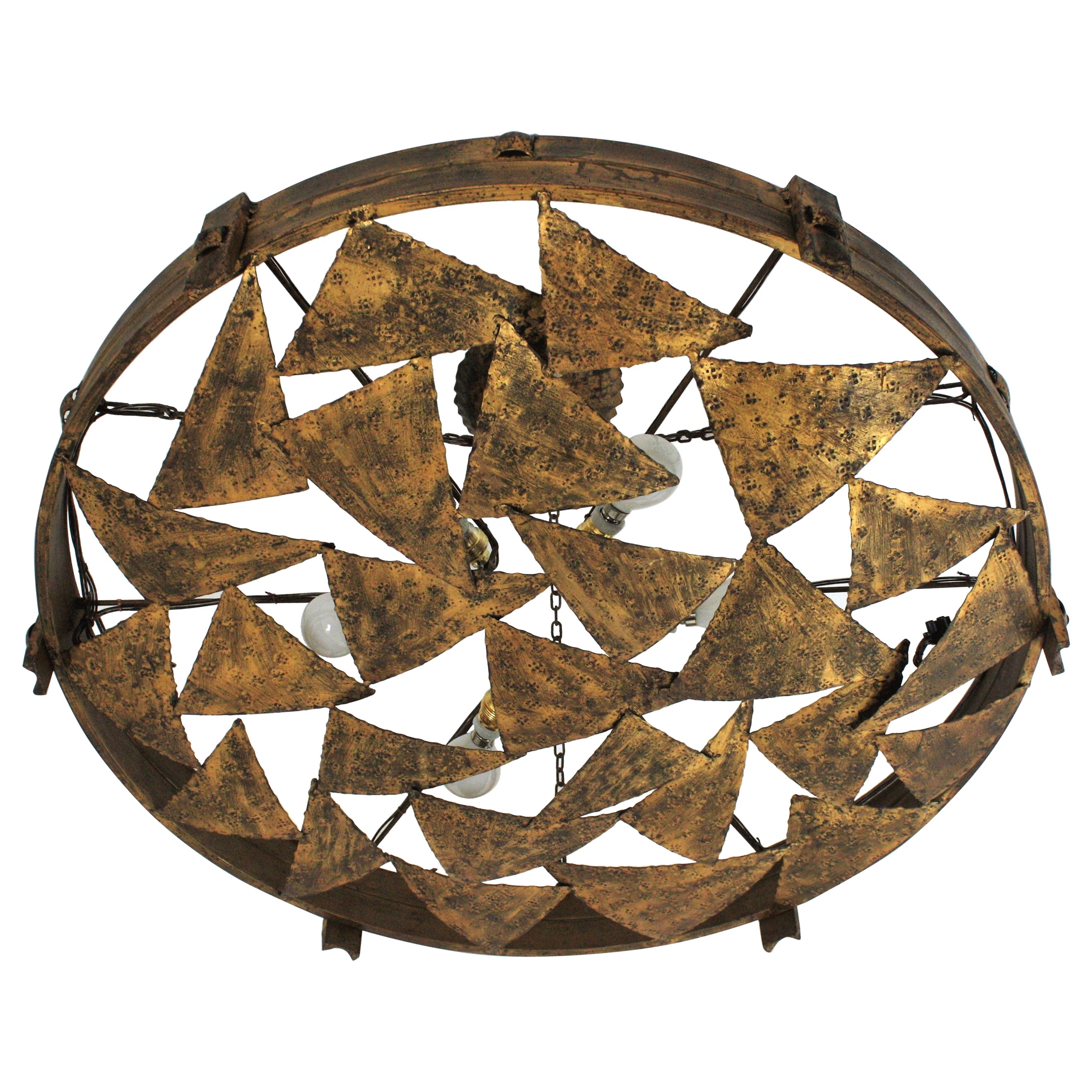 Large Brutalist Chandelier in Gilt Wrought Iron, Triangles Design, Spain, 1950s