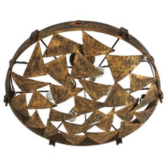 Large Brutalist Chandelier in Gilt Wrought Iron, Triangles Design, Spain, 1950s