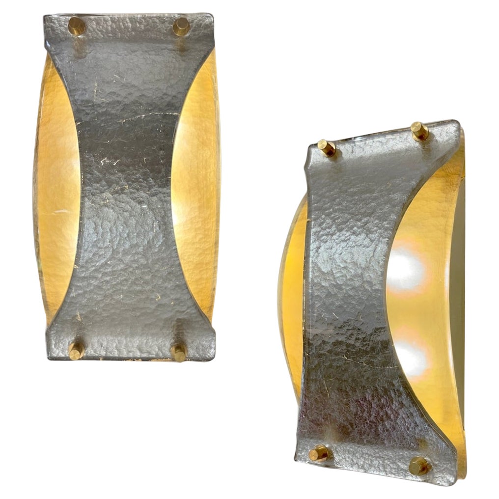 Italian Modern Pair Silver Leaf Smoked Murano Glass Organic Design Brass Sconces For Sale
